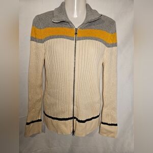 Eddie Bauer Ribbed Zip Up Sweater Cardigan Women’s Large Gray Cream Striped